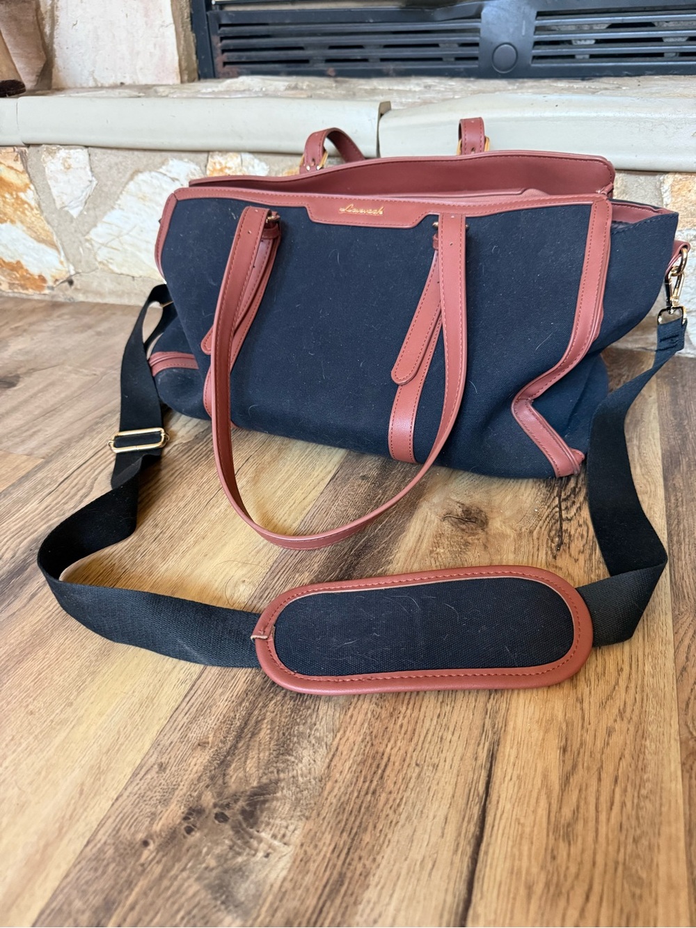 Canvas Laptop Tote with Brown Trim and Adjustable Strap